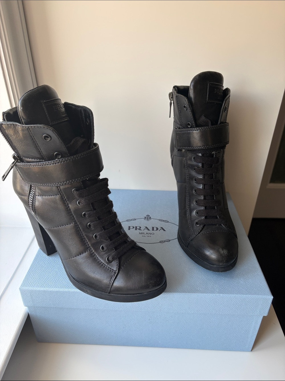 Prada Black Leather Lace-Up Heeled Ankle Boots